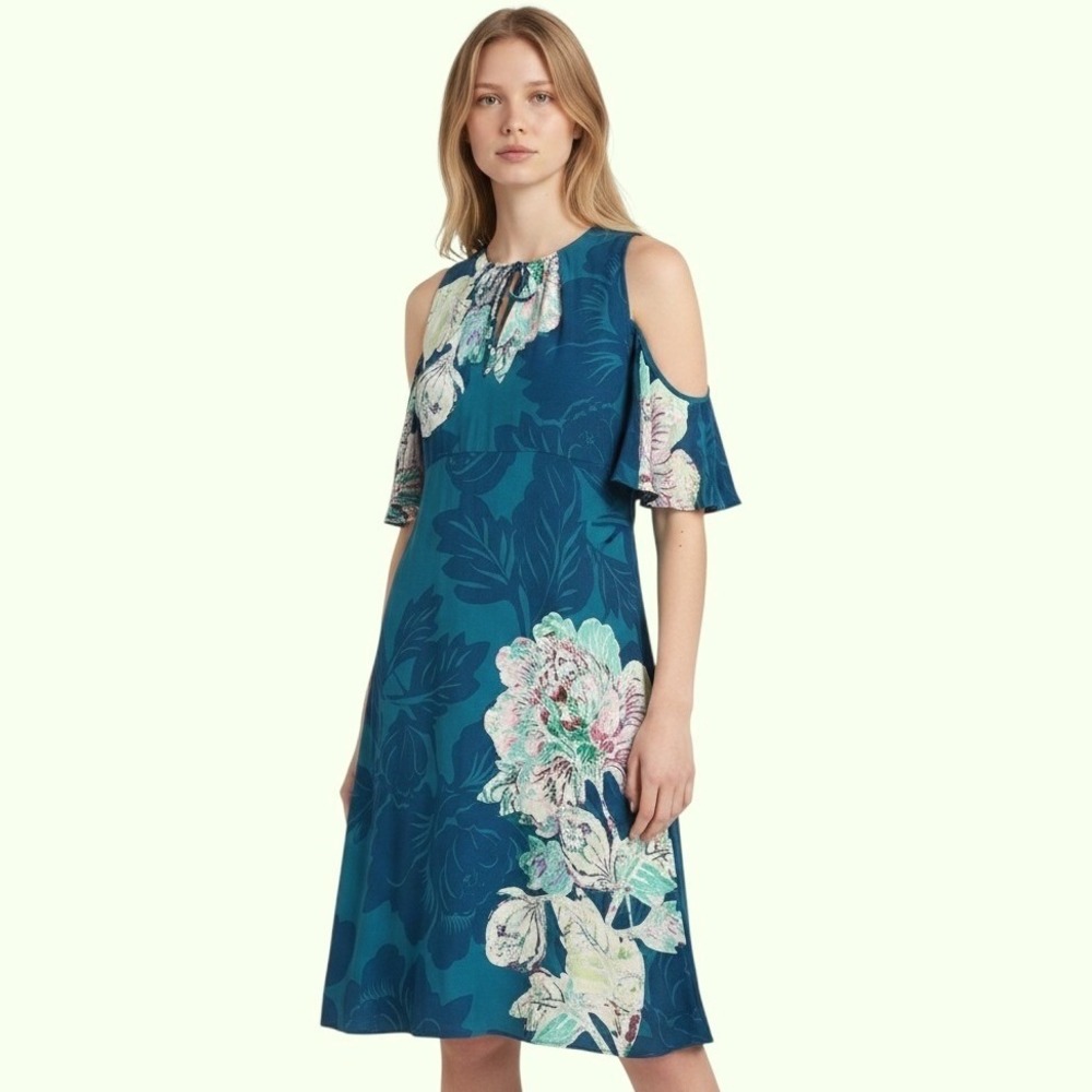 Maeve Anthropologie Cold Shoulder Floral Dress 12 Teal A Line Boho Flowy Lined
